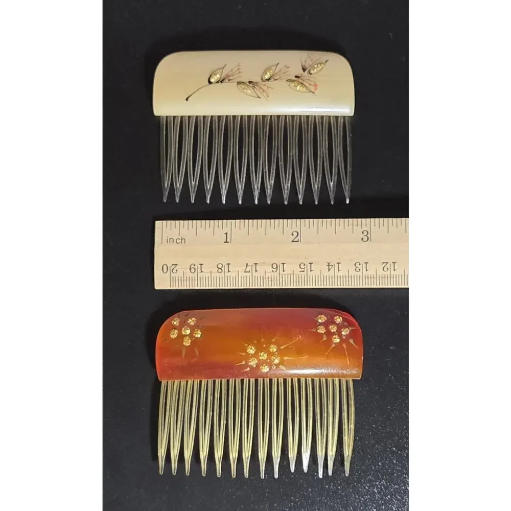 Vintage Hair Combs 1960s Acrylic or Celluloid Hand Painted Glitter Accents